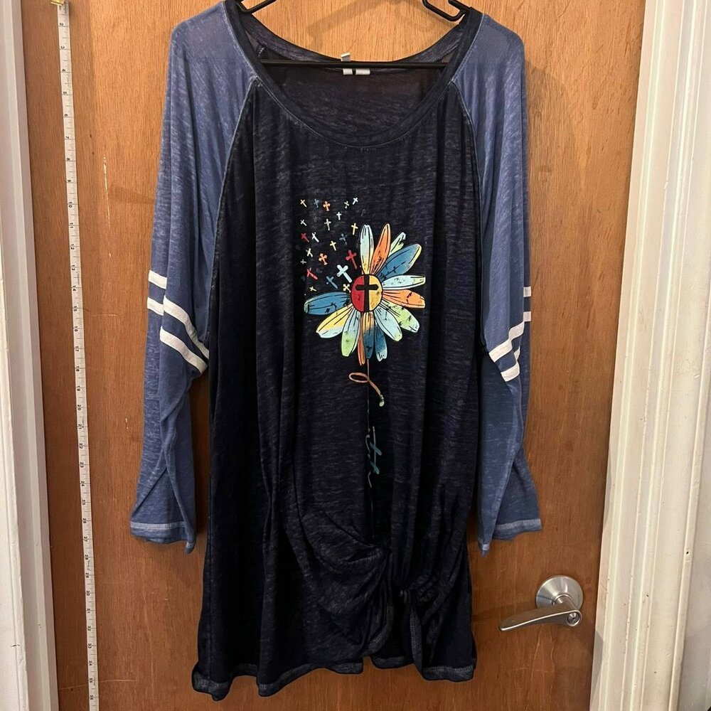 Size 26/28W - Cato - Black and Blue Graphic Religious Baseball T-Shirt